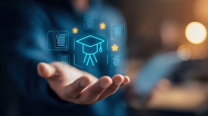 Online Education Concept: Hand Presenting Glowing Graduation Cap Icon and E-learning Documents