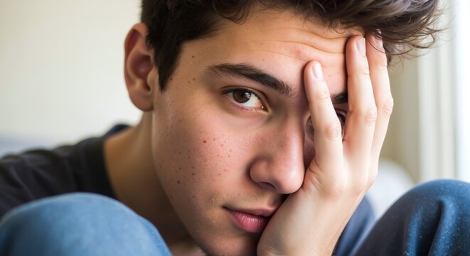 Young caucasian man touching face with frustrated look indoors. Clean realistic style. Stress, acne and mental health concept. Skincare products, counseling services, education blogs, clinic visuals
