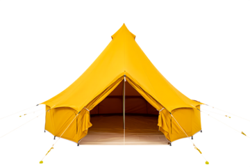 Yellow bell tent with open entrance and guy ropes isolated on a transparent background camping outdoor 1