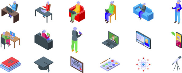 Seniors study online icons set. Elderly people are engaging in lifelong learning, pursuing knowledge and new skills through various educational platforms and resources