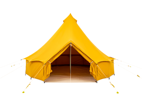 Yellow bell tent with open entrance and guy ropes isolated on a transparent background camping outdoor 1
