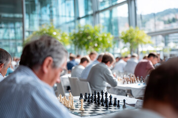 A lively chess tournament unfolds indoors, featuring players deeply engaged in strategy and thought, all within a bright and modern space.

