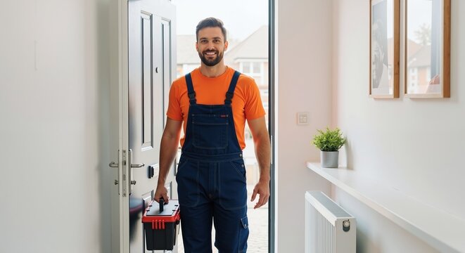 Smiling repairman entering home with toolbox, professional service arrival, bright hallway, trustworthy handyman concept, space for message
