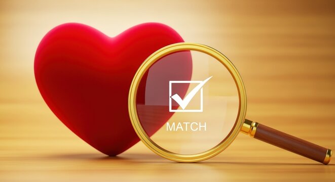 Perfect Match Concept: Magnifying Glass Examining Heart Symbol, Representing Compatibility, Finding Love and Relationship Success