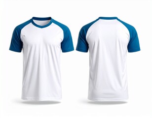 Blank white and blue raglan sleeve t-shirt mockup. Front and back view of the isolated shirt for apparel design and branding.