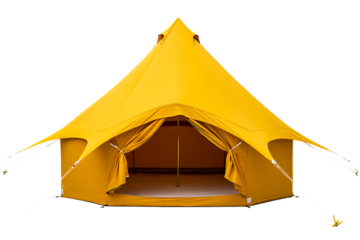 Yellow bell tent with open entrance and guy ropes isolated on a transparent background camping outdoor 3