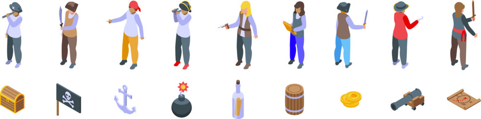 Kids play pirates icons set. Isometric pirates using spyglasses, swords and guns, searching for treasures and fighting enemies