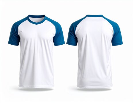 Blank white and blue raglan sleeve t-shirt mockup. Front and back view of the isolated shirt for apparel design and branding.