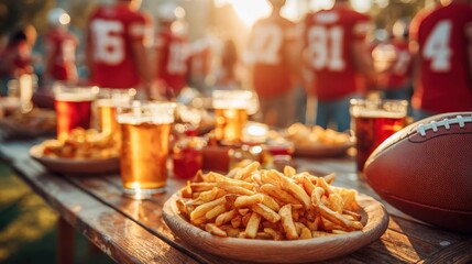 Naklejka premium Tailgate Party Celebration with Beer, Football, and Fries on a Rustic Wooden Table at Sunset