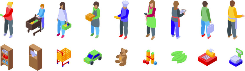 Obraz premium Kids play shop icons set. Supermarket workers performing various tasks, including assisting customers with shopping carts, handling products, and operating cash registers