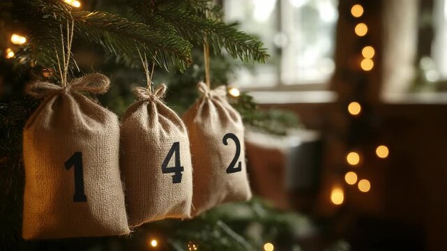 Three burlap bags with the numbers 1, 4, and 3 hang from the Christmas tree. The tree is decorated with warm lights, creating a festive atmosphere. The concept of the advent calendar
