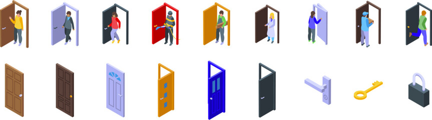 People doorway icons set. Isometric set of people opening and closing doors, different door types, keys, lock and handle icons