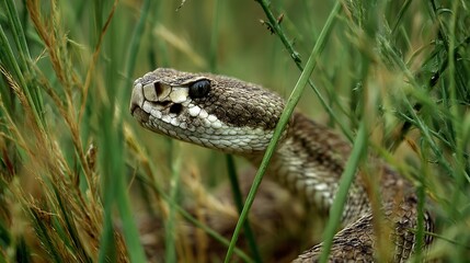 Camouflaged rattlesnake peeking through tall green grass in natural habitat