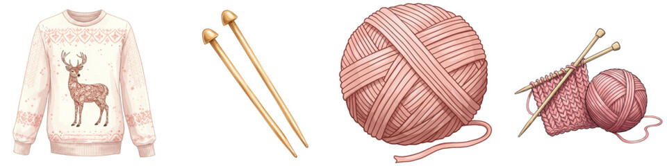 Set of isolated knitting sweater, needles, yarn balls, and accessories, autumn  