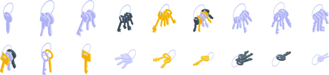 Key bunch icons set. Isometric set of keys symbolizing security, access, and ownership, perfect for visualizing concepts related to real estate, safety, and private property