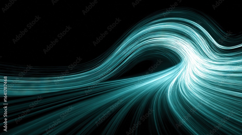 Aufkleber flowing teal light wave curving dynamically through darkness, abstract luminous motion design for fu