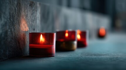 Glowing red glass memorial candles for tribute and remembrance