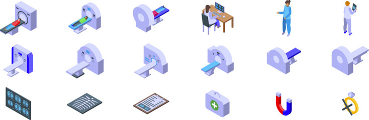 CT scanner icons set. Set of isometric icons representing computed tomography - ct - scanners, medical professionals working with ct scan images, and related medical elements