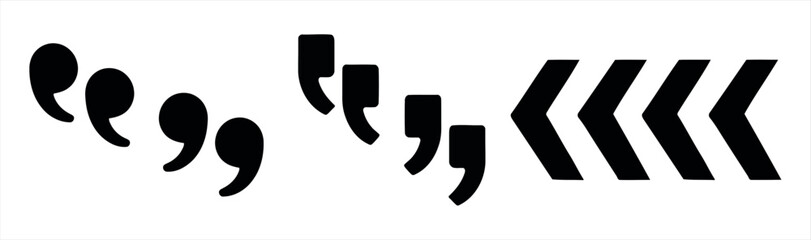 Quotation marks and arrow silhouette vector icon set representing speech, dialogue, navigation, and direction symbols for typography, UI design, and creative layouts