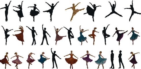 ballet dancer silhouettes and colored poses, dance performance vector, ballerina art illustration, stage performance design, artistic movement, male and female dancer figures