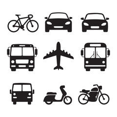 Fototapeta premium Collection of various transportation vehicles including bicycle, cars, bus, airplane, and motorcycle isolated on white background
