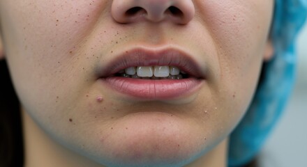 Female lips with small pimples around mouth area in close view. Clean medical style. Skin health and acne treatment concept. Dermatology clinics, cosmetic brands, awareness posts, pharmacy visuals