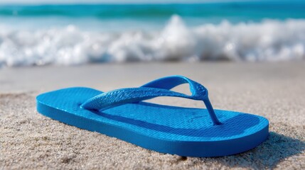 Obraz premium Blue flip-flop on sandy beach with blurred ocean waves, perfect for summer vacation vibes