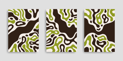 Set of abstract posters with fluid shapes. Cover collection. Backgrounds with wavy shapes. Wall art. Modern template. Vector illustration. Branding design for notebook, card, flyer, poster, banner.