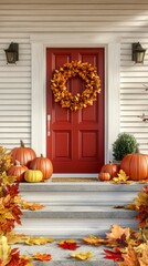 Obraz premium Autumn porch pumpkins decor rustic seasonal home entrance