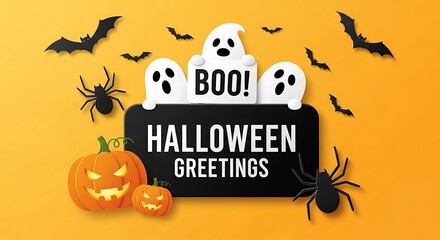 Obraz premium Halloween greetings with ghosts, pumpkins, bats and spiders on orange background for celebration