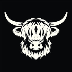 Highland Cow Head Black and White Vector Emblem Logo