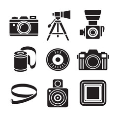 Collection of vintage and modern photography equipment icons including cameras, film roll, tripod, and lens, isolated on white background