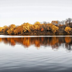 Bright autumn trees reflecting in still lake with cloudy sky