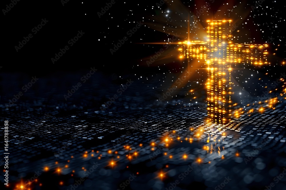 Poster glowing digital cross made of light particles and binary code on dark background, symbolizing inters