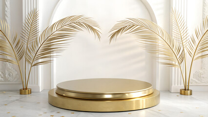 aesthetic golden podium with golden leaves as a background for product display