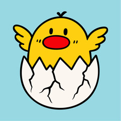 Cute cartoon yellow chick hatching from cracked eggshell on blue background