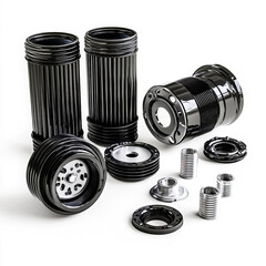 Black metal threaded cylindrical components and rings on white background image