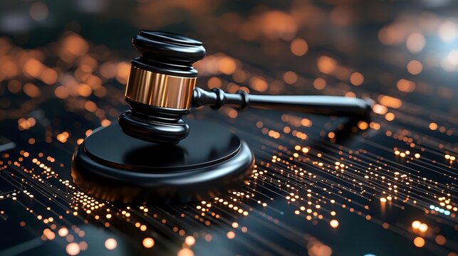Wooden judge gavel on digital circuit board with glowing orange lights, representing cyber law and digital justice in modern technology era.