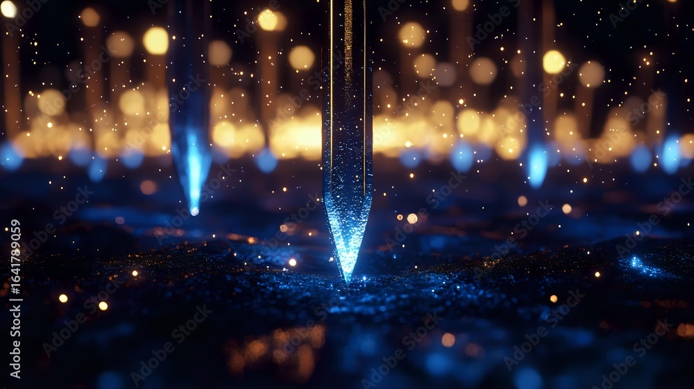 Aufkleber glowing blue light beam piercing through dark space with golden bokeh particles and sparkles floatin