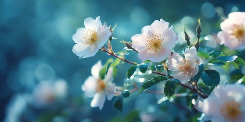 Captivating closeup of white dog rose flowers, showcasing their intricate details, soft petals, and vibrant colors in a natural outdoor garden setting