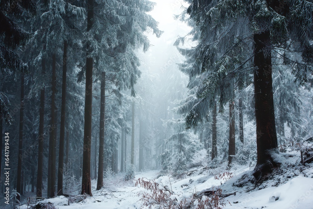 Poster winter forest landscape with snow-covered trees and misty atmosphere creating a serene and tranquil 