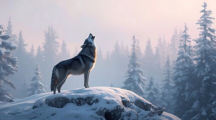 A lone wolf howling on a snowy hill with a winter forest in the background during a foggy winter morning
