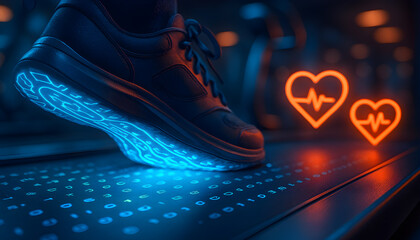 Futuristic glowing running shoe with digital fitness technology and heartbeat icons for smart workout and health tracking concepts