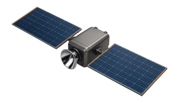 Satellite with large photovoltaic panels and a central data relay unit