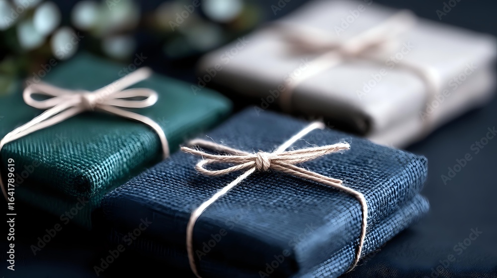 Poster elegant gift boxes wrapped in textured fabric with simple twine bows on dark background, creating mi