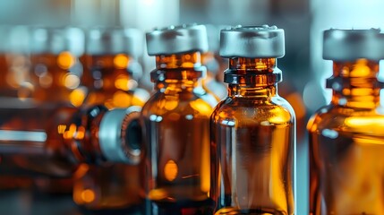 Amber glass medical vials in laboratory setting with metallic caps, illuminated by soft light creating warm glow and bokeh effect, pharmaceutical production concept.