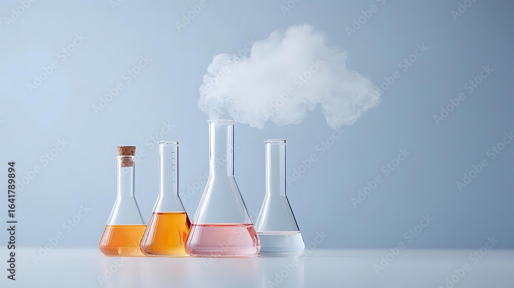 Poster laboratory glassware with colorful liquids and floating cloud above, creative minimal composition on