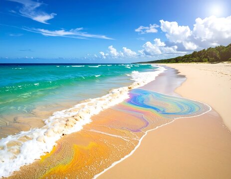 Pristine beach marred by iridescent oil slick near shore