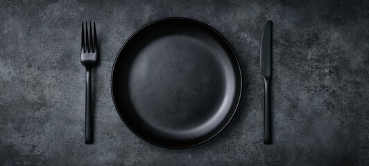 The sleek black plate with cutlery on a textured table surface.