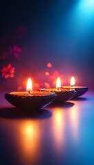 Glowing oil lamps with burning flames casting warm reflections against blue and purple background, creating spiritual atmosphere for meditation and diwali celebration.